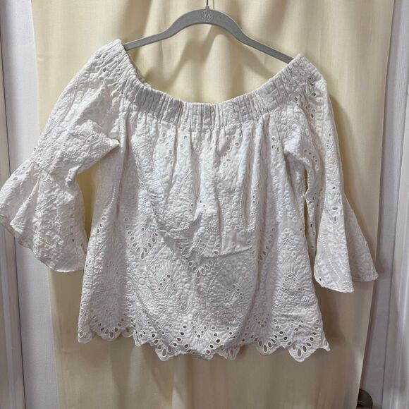 Trina Turk‎ White Eyelet Off Shoulder Bell Sleeve Cotton Boho Top Size M - Picture 1 of 10